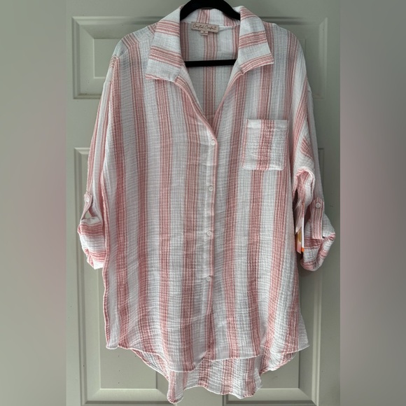 Coastal Comfort Pink and White Striped Button Down Shirt or Coverup Sz Medium - Picture 1 of 3